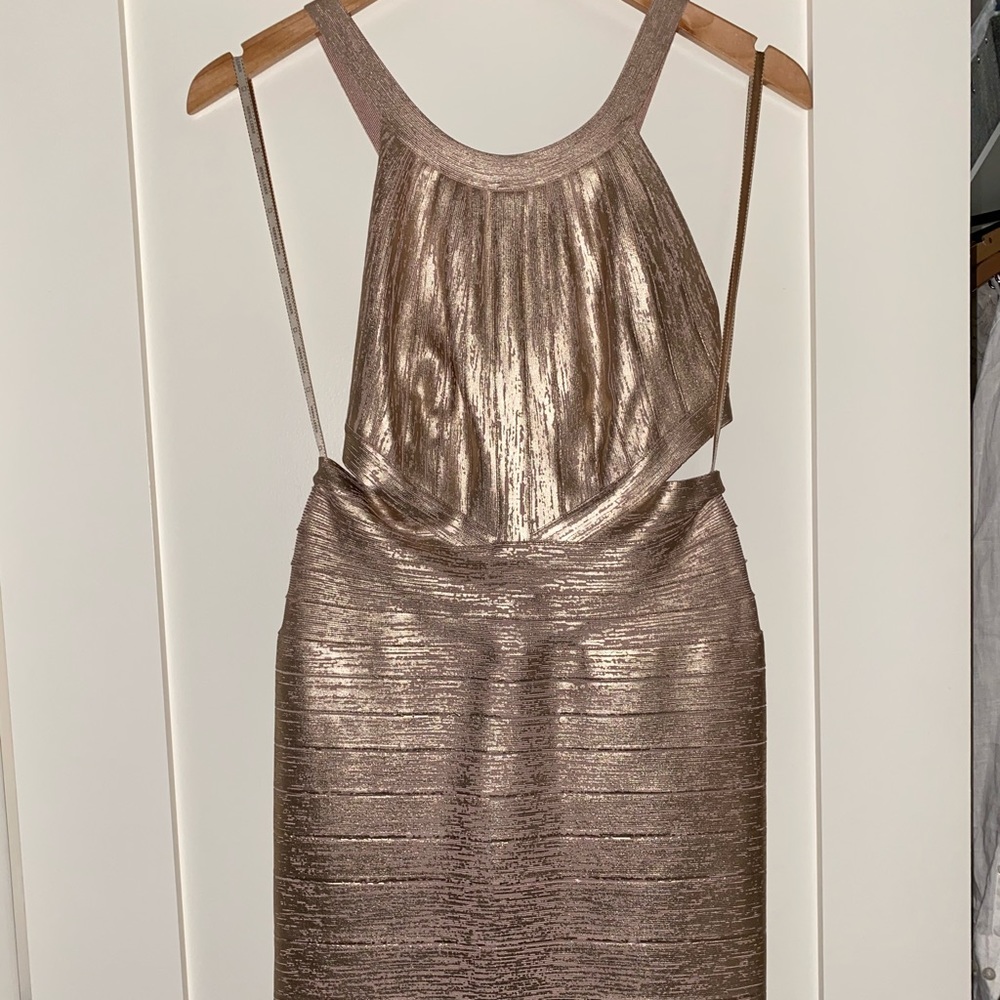 Herve Leger Rose Gold Metallic mini dress